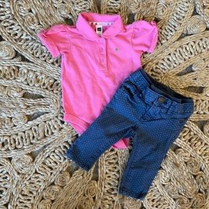 Baby Gap outfit: pink polo onesie & blue jeans with polka dots 3/6M